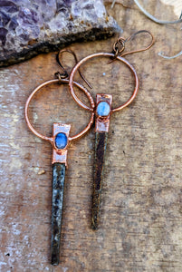 Copper Electroformed Coffin Nail Earrings - Moonstone Ovals