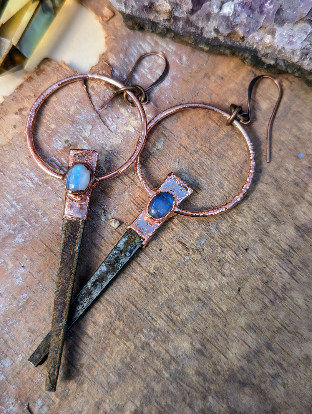 Copper Electroformed Coffin Nail Earrings - Moonstone Ovals