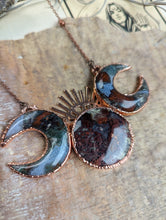 Load image into Gallery viewer, Electroformed Moss Agate Triple Moon Goddess Necklace 3