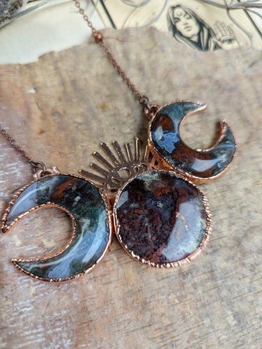 Electroformed Moss Agate Triple Moon Goddess Necklace 3