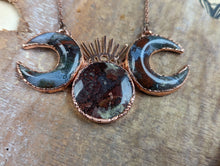Load image into Gallery viewer, Electroformed Moss Agate Triple Moon Goddess Necklace 3