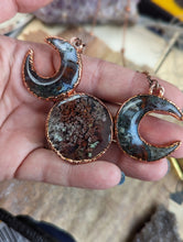 Load image into Gallery viewer, Electroformed Moss Agate Triple Moon Goddess Necklace 2