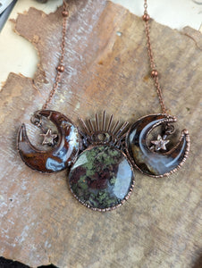 Electroformed Moss Agate Triple Moon Goddess Necklace 1
