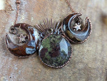 Load image into Gallery viewer, Electroformed Moss Agate Triple Moon Goddess Necklace 1