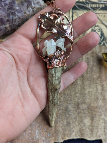 Electroformed Antler Point Necklace with Oak Leaf