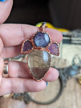 Load image into Gallery viewer, Electroformed Golden Rutile Quartz, Amethyst Leaves and Ruby Necklace