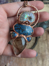 Load image into Gallery viewer, Electroformed Ammonite, Gold Rutile Quartz, Chrysocolla Necklace