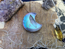 Load image into Gallery viewer, Electroformed Aura Agate Druzy Moon Necklace 1