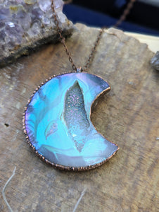 Electroformed Aura Agate Druzy Moon Necklace 1