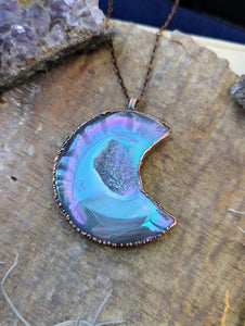 Electroformed Aura Agate Druzy Moon Necklace 2