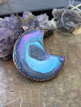 Load image into Gallery viewer, Electroformed Aura Agate Druzy Moon Necklace 2