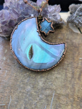 Load image into Gallery viewer, Electroformed Aura Agate Druzy Moon Necklace with Labradorite Star 3