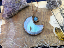 Load image into Gallery viewer, Electroformed Aura Agate Druzy Moon Necklace with Labradorite Star 3