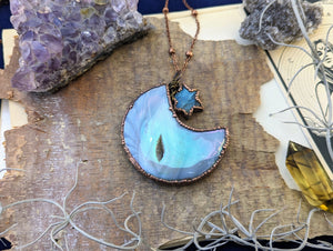 Electroformed Aura Agate Druzy Moon Necklace with Labradorite Star 3