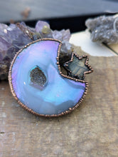Load image into Gallery viewer, Electroformed Aura Agate Druzy Moon Necklace with Labradorite Star 5