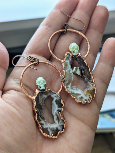 Copper Electroformed Agate Druzy Slice and Bone Skull Earrings