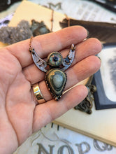 Load image into Gallery viewer, Green Eye Opal and Lamp Work Eye Moon Phase Necklace