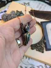 Load image into Gallery viewer, Green Eye Opal and Lamp Work Eye Moon Phase Necklace