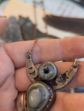 Load image into Gallery viewer, Green Eye Opal and Lamp Work Eye Moon Phase Necklace