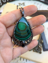 Load image into Gallery viewer, Copper Electroformed Gunmetal Malachite Moon Phase Necklace