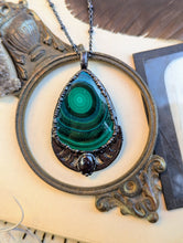 Load image into Gallery viewer, Copper Electroformed Gunmetal Malachite Moon Phase Necklace