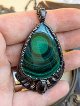 Load image into Gallery viewer, Copper Electroformed Gunmetal Malachite Moon Phase Necklace