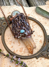 Load image into Gallery viewer, Morel Mushroom Electroformed Necklace with Tangerine Quartz and Ammonite Snail Friend