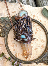 Load image into Gallery viewer, Morel Mushroom Electroformed Necklace with Tangerine Quartz and Ammonite Snail Friend