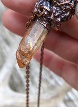 Load image into Gallery viewer, Morel Mushroom Electroformed Necklace with Tangerine Quartz and Ammonite Snail Friend