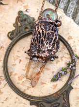 Load image into Gallery viewer, Morel Mushroom Electroformed Necklace with Tangerine Quartz and Ammonite Snail Friend