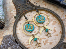 Load image into Gallery viewer, Jack O’ Lantern Moon & Star Earrings - Turquoise
