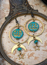 Load image into Gallery viewer, Jack O’ Lantern Moon & Star Earrings - Turquoise