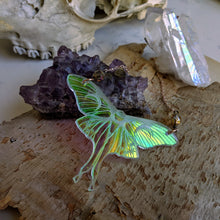 Load image into Gallery viewer, Iridescent Luna Moth Necklace with Iridescent Faceted Beads
