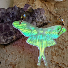 Load image into Gallery viewer, Iridescent Luna Moth Necklace with Iridescent Faceted Beads