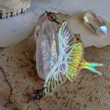 Load image into Gallery viewer, Iridescent Luna Moth Necklace with Iridescent Czech Glass Saturn Beads