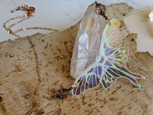 Load image into Gallery viewer, Iridescent Luna Moth Necklace with Iridescent Czech Glass Saturn Beads