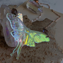 Load image into Gallery viewer, Iridescent Luna Moth Necklace with Iridescent Czech Glass Saturn Beads