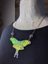 Load image into Gallery viewer, Iridescent Luna Moth Necklace with Iridescent Faceted Beads