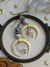 Load image into Gallery viewer, Pearl, Rose Quartz, Herkimer Diamond Celestial Earrings 9