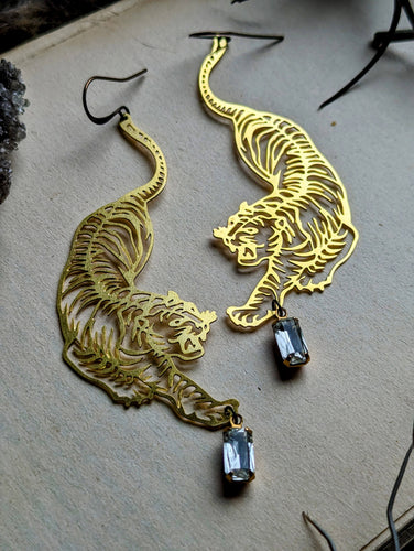 Brass Tiger Earrings - Clear Rhinestones