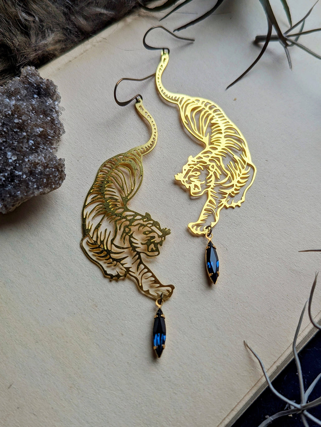 Brass Tiger Earrings - Blue Marquis