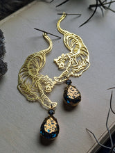 Load image into Gallery viewer, Brass Tiger Earrings - Teal and Gold Rhinestones