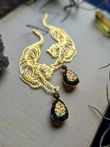 Brass Tiger Earrings - Teal and Gold Rhinestones