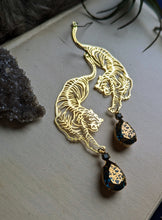 Load image into Gallery viewer, Brass Tiger Earrings - Teal and Gold Rhinestones