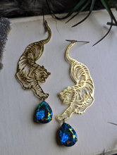 Load image into Gallery viewer, Brass Tiger Earrings - Iridescent Aqua Rhinestones