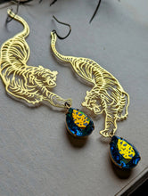 Load image into Gallery viewer, Brass Tiger Earrings - Iridescent Aqua Rhinestones