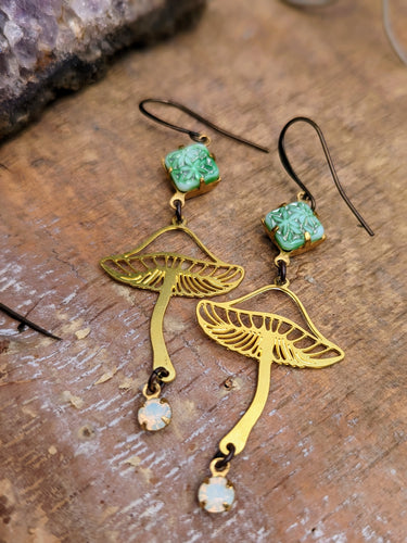 Brass Mushroom Earrings - Vintage Rhinestones 3