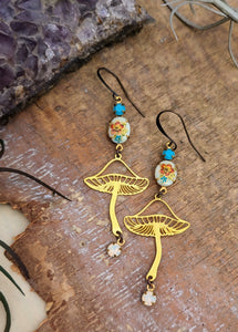 Brass Mushroom Earrings - Vintage Rhinestones 2