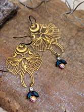 Load image into Gallery viewer, Brass Luna Moth Earrings - Vintage Rhinestones