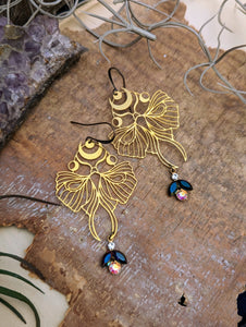 Brass Luna Moth Earrings - Vintage Rhinestones